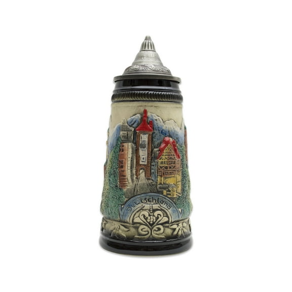 Bavarian Mountain Village Beer Stein with Engraved Metal Lid