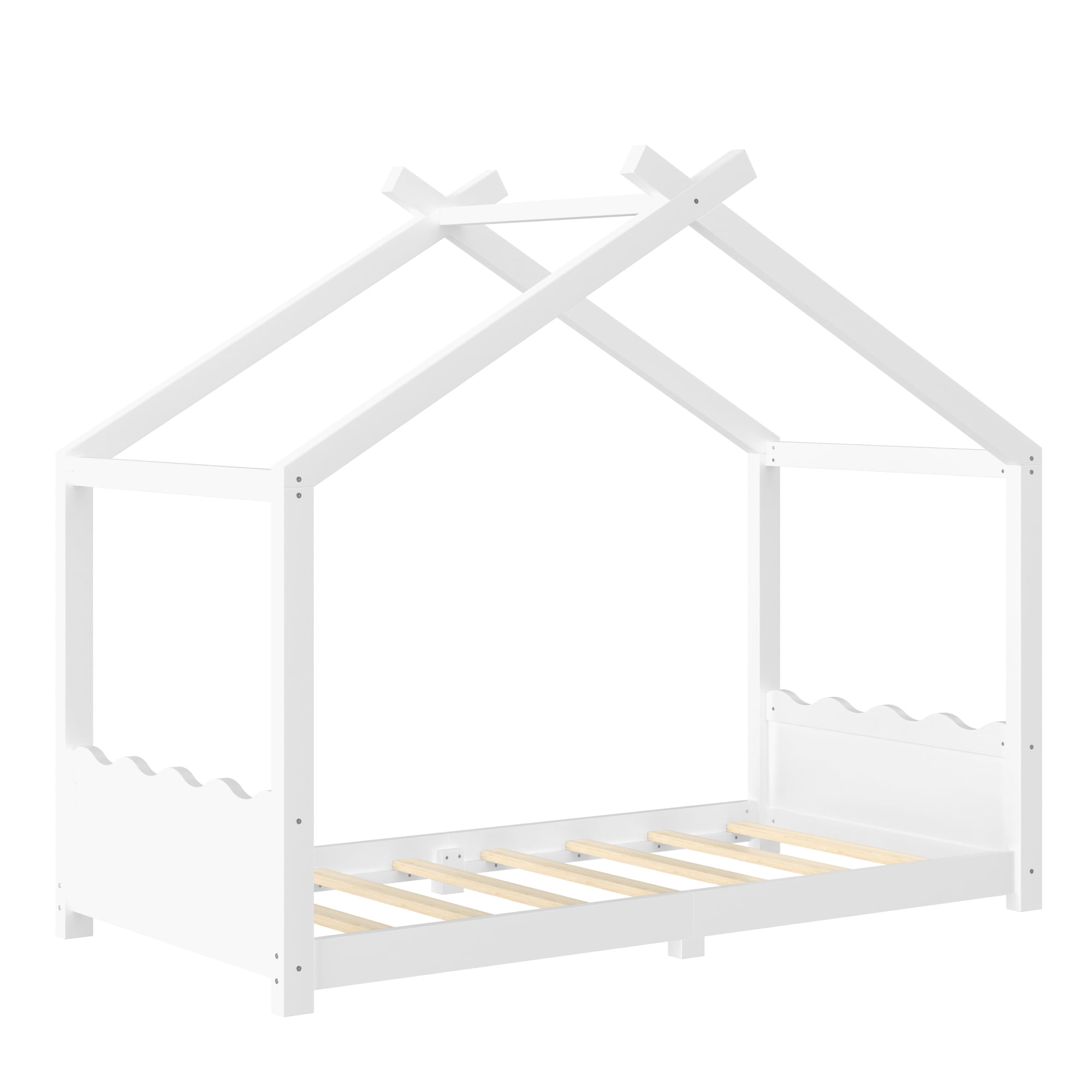 Leumius Twin Size House Shape Bed,Montessori House Bed Solid Wood Floor Bed for Kids,No Box Spring Needed,Light White