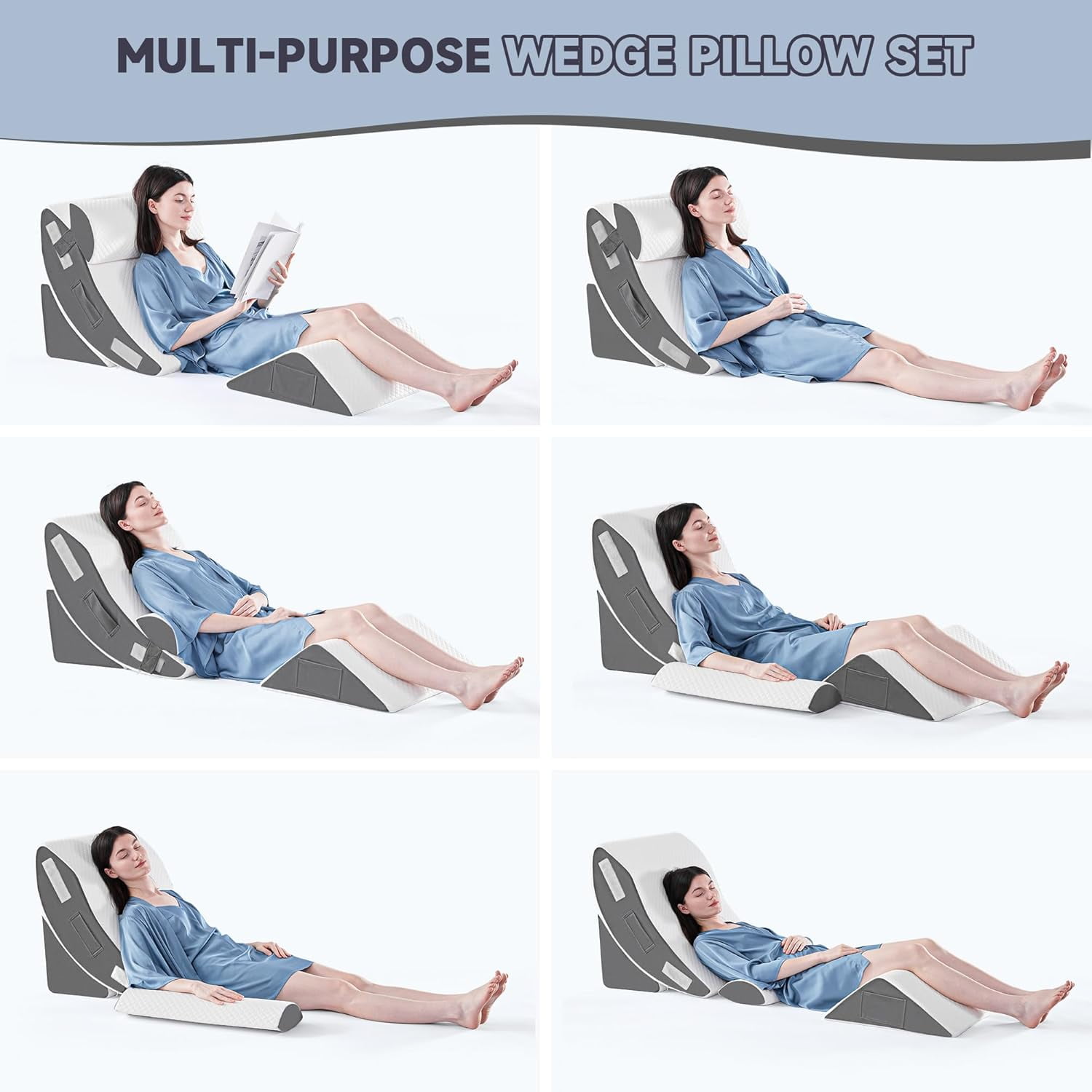 4-Piece Orthopedic Bed Wedge Pillow Set for Sleeping, Post-Surgery Foam Support for Body, Back and Leg Pain Relief, Adjustable Triangle Pillow for Acid Reflux, Anti-Snoring & GERD