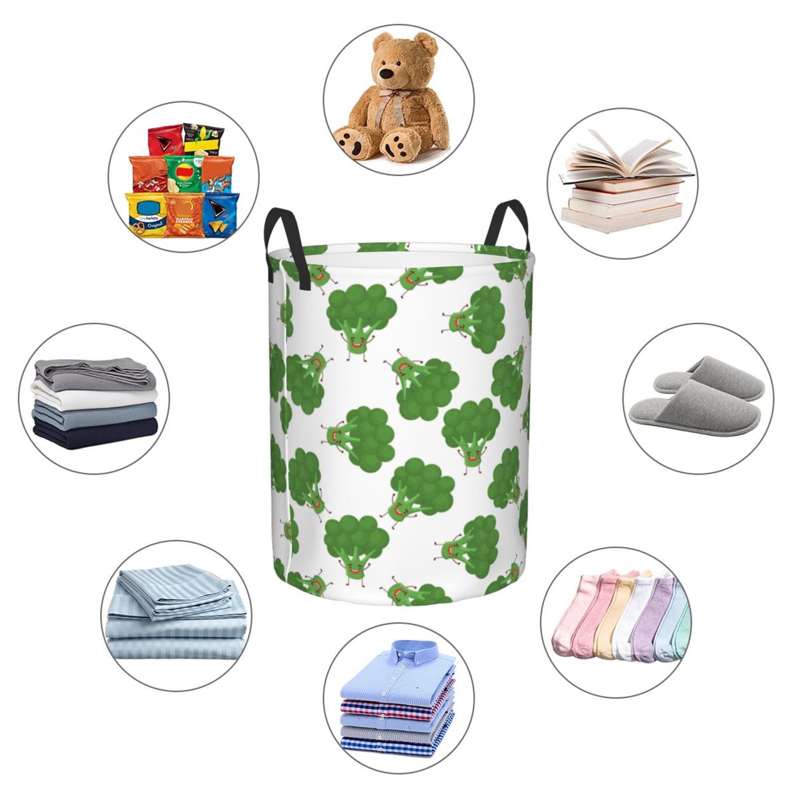 Large Laundry Basket with Handles - Bright broccoli cartoon funny Kids Baby Dirty Clothes Laundry Hamper for Bedroom Aesthetic