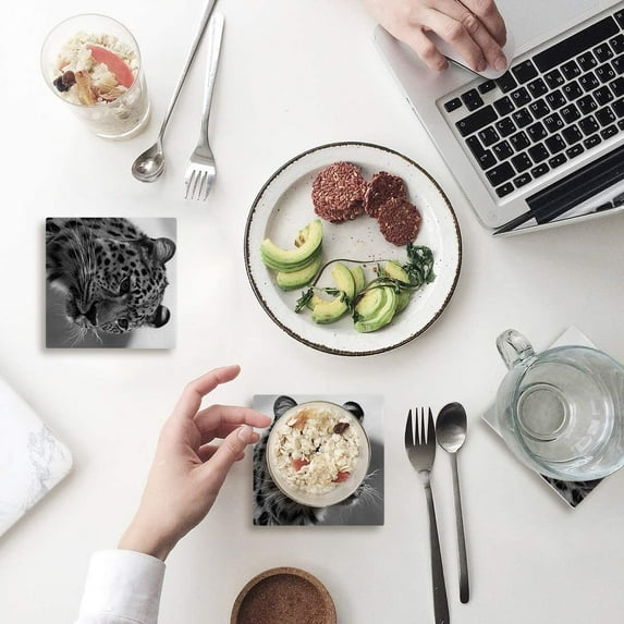 FMSHPON Leopard Set of 8 Coaster for Drinks, Absorbent Ceramic Stone Coasters Cup Mat with Cork Base for Home Kitchen Room Coffee Table Bar Decor