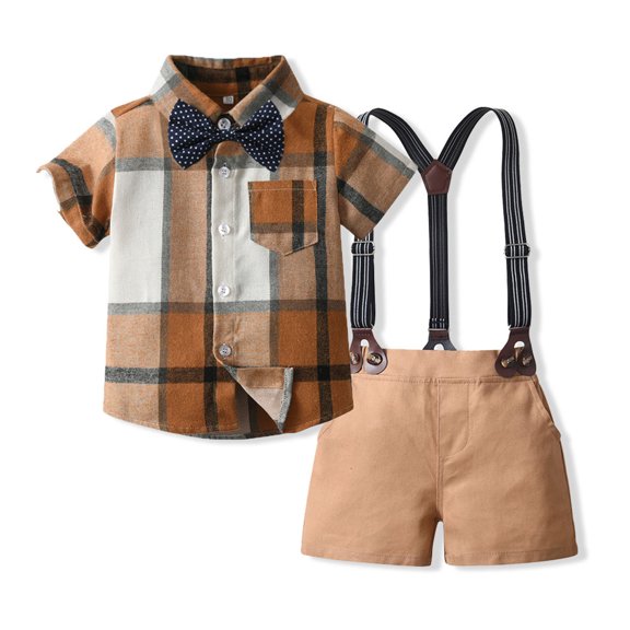 BLVB Toddler Baby Boy Dress Outfits Summer Clothes Set Short Sleeve Plaid Shirt Bowtie Suspender Shorts Kids Formal Clothes(Yellow,1-2 Years)