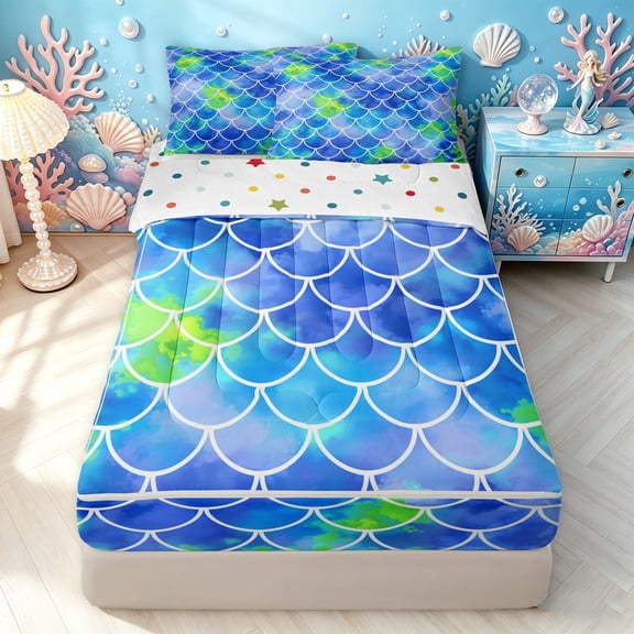 Manfei Mermaid Princess Zipper Twin Comforter Sets with Fitted Sheet and 2 Pillowcases, Watercolor Splash Scale Zipper Bedding Set, Blue Lime Green, Polkadot Reversible, 4 Pieces