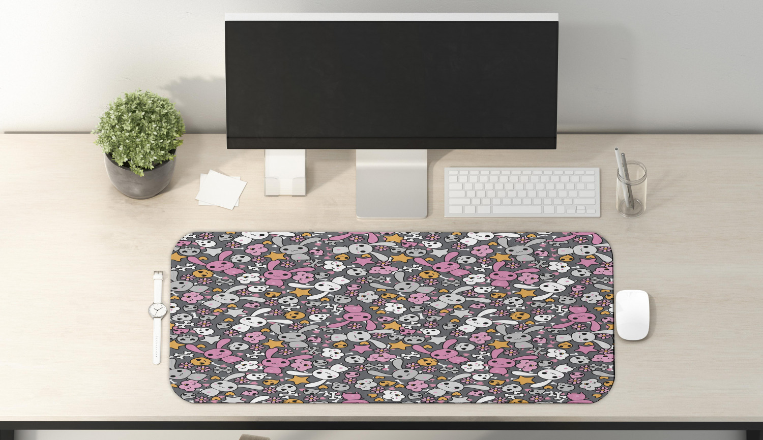 Cartoon Computer Mouse Pad, Kawaii Bunnies and Clouds Heart Eyed Skulls Japanese Anime Design Print, Rectangle Non-Slip Rubber Mousepad Large, 31" x 12" Gaming Size, Multicolor, by Ambesonne - image 2 of 2