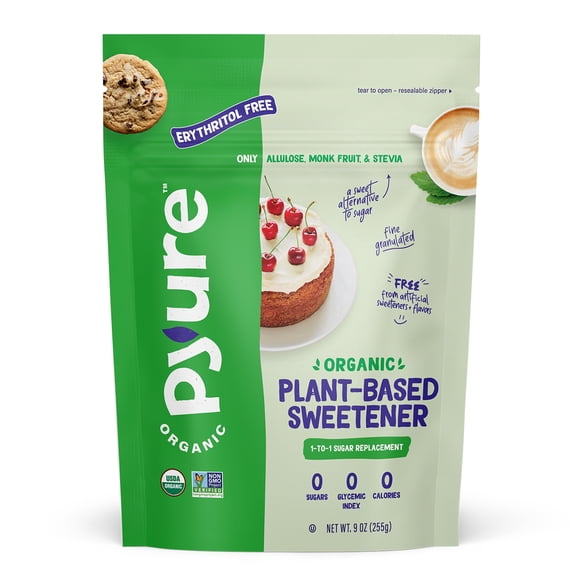 Pyure Organic Plant-Based Sweetener | 1:1 Sugar Replacement | Allulose, Monk Fruit & Stevia | No Erythritol | Keto, Vegan | USDA Organic | 9 oz