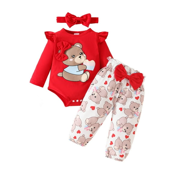 JDEFEG Baby Girl Clothes Set Long Sleeve Romper Pants Set Cute Baby Clothes for Girls Fall Winter Alphabet Print Crawling Pantsuit Includes Headband for 0 to 18 Months Red 9-12 Months