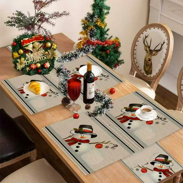 Manteles Individuales Navideños con Banderines, Juego de 5 Piezas, Estampado de Lino, Decoración Navideña | Poliéster | 180 X 33 Cm | Diseño con Copos de Nieve y Papá Noel
