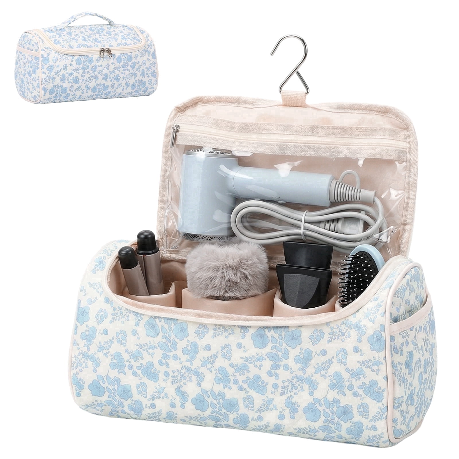 NUAHRHY Travel Makeup Bag with Handle, Cosmetic Organizer Bag Toiletry Bag for Women Girls, Cute Travel Essentials Case with Compartments, Vertical Make up Storage Bag Hair Dryer Holder