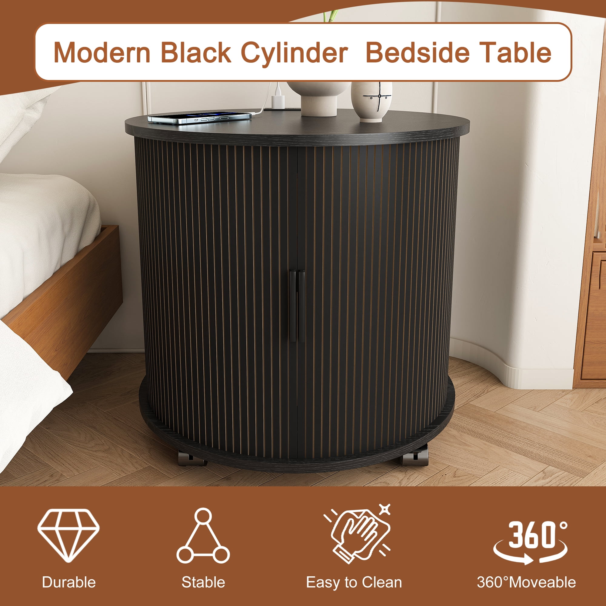 Cylinder End Table with Built-in Charging Station & Sliding Door, 2-Tier Storage Round Nightstand with USB Ports, Bedside Table for Living Room, Bedroom, Entryway