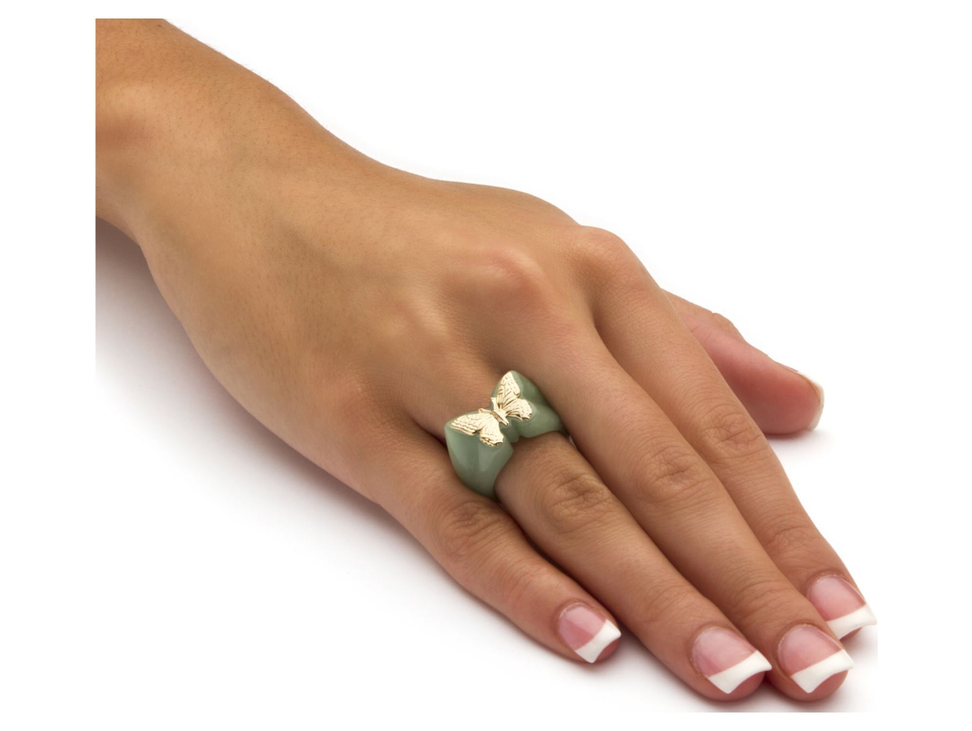 PalmBeach Jewelry Genuine Green or Black Jade Yellow Gold Butterfly Ring