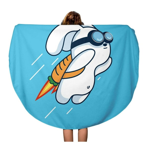 NUDECOR 60 inch Round Beach Towel Blanket Flying Jetpack Rocket Rabbit Launching in Sky Flat Travel Circle Circular Towels Mat Tapestry Beach Throw