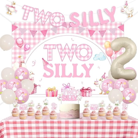 Two Silly Goose Birthday Decorations for Girls, Our Silly Goose Is 2 Two Years Old Backdrop Banner Cake Toppers Decor Farm Animal Theme 2nd Birthday Party Decorations Supplies