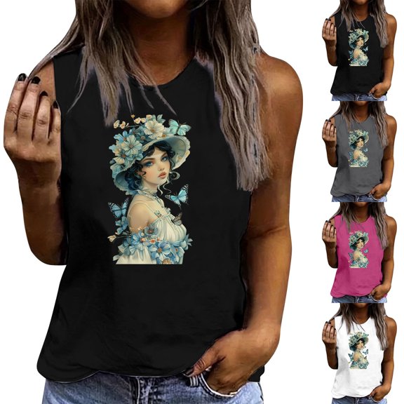 Pxxlle Women's Tank Tops Loose Fit Sleeveless Cotton Tank Top Crewneck Summer Going Out Tops Fashion Print Beach Vacation Clothes Red M