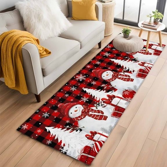 Red Plaid Christmas Kitchen Runner Rug 2x6 Washable Runners for Hallway Non Slip Snowman Gifts Xmas Tree Winter Snowflake Large Area Rug Indoor Floor Carpet for Bathroom Laundry Entryway Bedroom