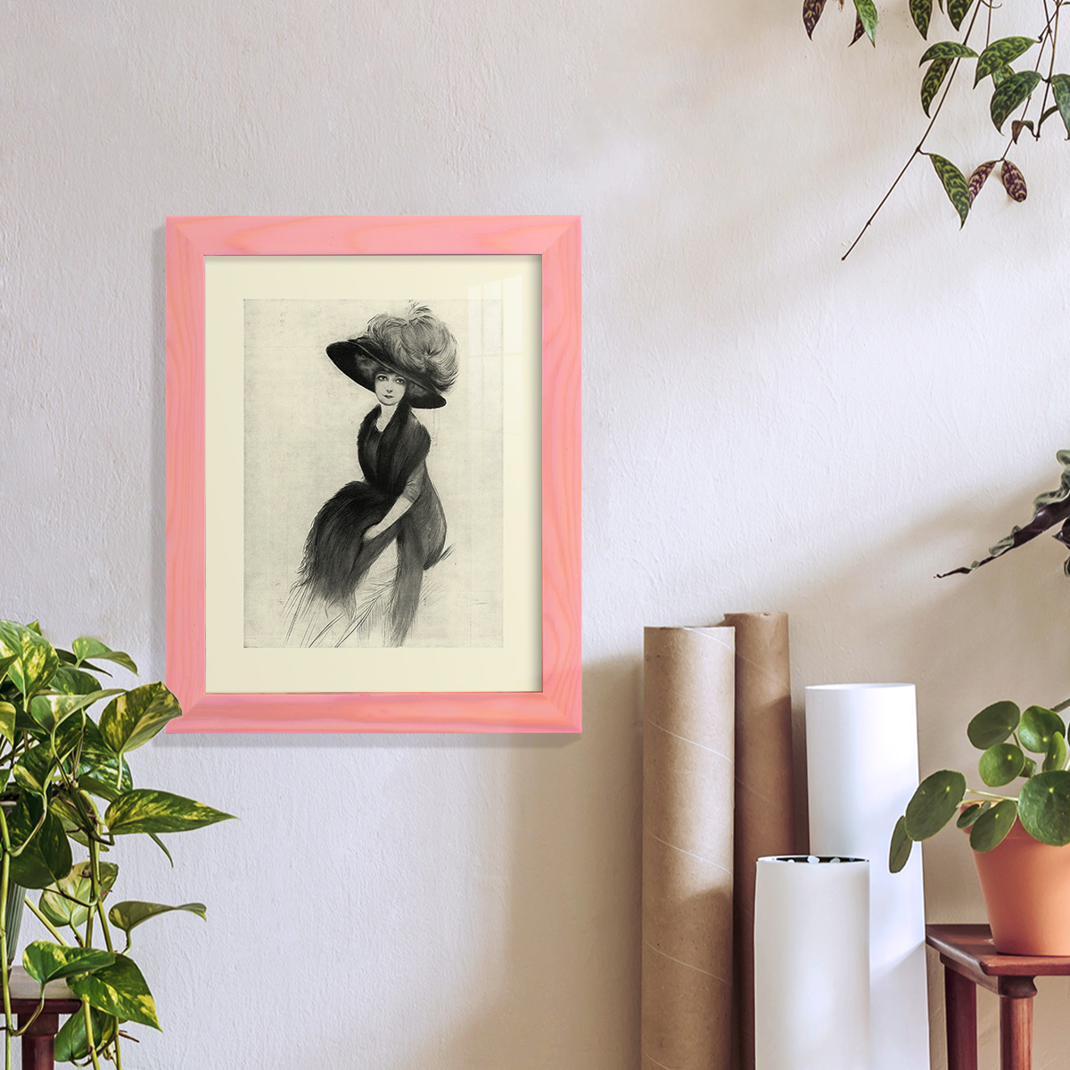 Feather Hat II -Framed Print w/glass-Sunset Pink