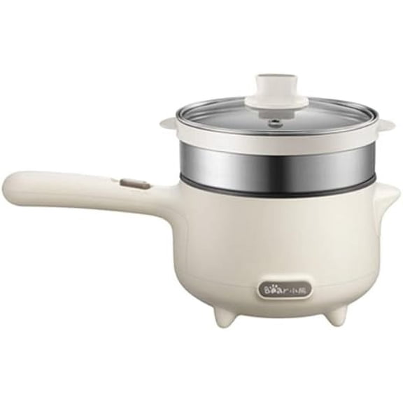 Bear Electric Cooking Pot with Steamer, 1.2L Stainless Steel Ramen Cooker, 2 in 1 Shabu Shabu Hot Pot, Multifunctional Cooker with Overheating Protection for Stew, Noodles-Beige