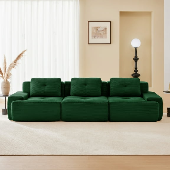Yoneston 117" Modular Sectional Sofa 3 Seater Couch with Cushions, No Assembly Corduroy Sofa with Deep Seating for Living Room Bedroom Apartment, Green