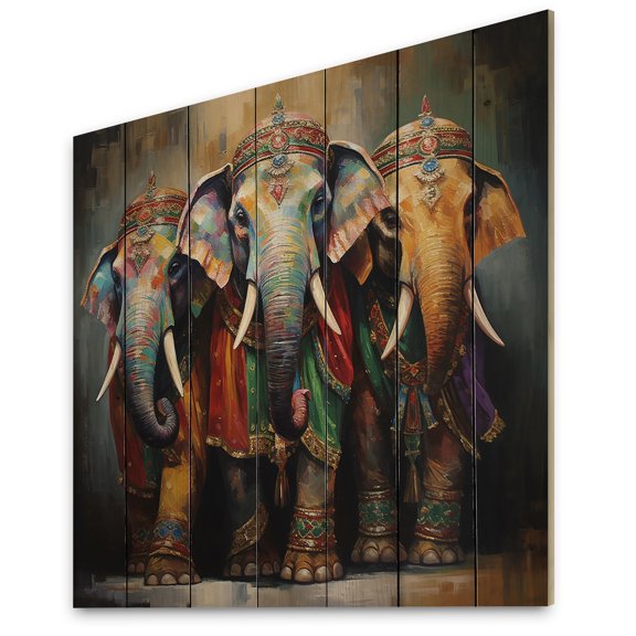Designart "Thai Elephants Asian Painting XII" Asian Print on Natural Pine Wood