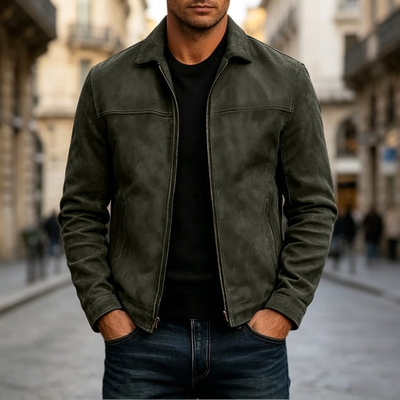 LYSMORA 2026 Men's Lapel Collar Faux Suede Zip Jacket, Slip Side Pockets Loose Fit Casual Daily Outerwear