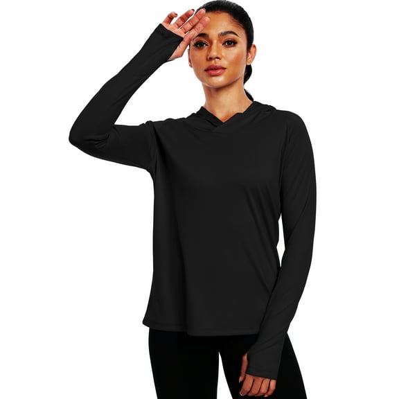 NELEUS Womens UPF 50 Workout Long Sleeve Shirt Sun Protection Breathable Hooded with Thumb Holes,Black,US Size L