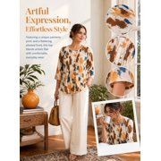 Cuteduck Women Plus Size Printed Tunic 3/4 Sleeve Fall Pleated Round-neck Casual Loose Ruffled Top 1X-5X