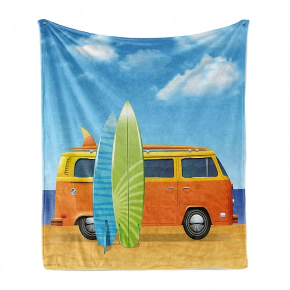 Graphic Beach Soft Flannel Fleece Throw Blanket, Happy Camper Retro Van and Colorful Surfboards Cartoon at Seaside, Cozy Plush for Indoor and Outdoor Use, 70" x 90", Sky Blue Multicolor, by Ambesonne