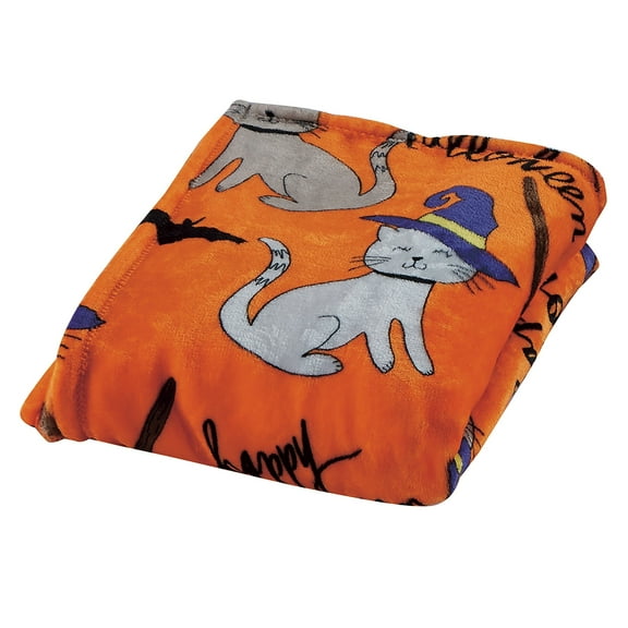 Plazatex Halloween Cats plush Decorative Halloween Machine Washable Throw 50" X 60" Orange