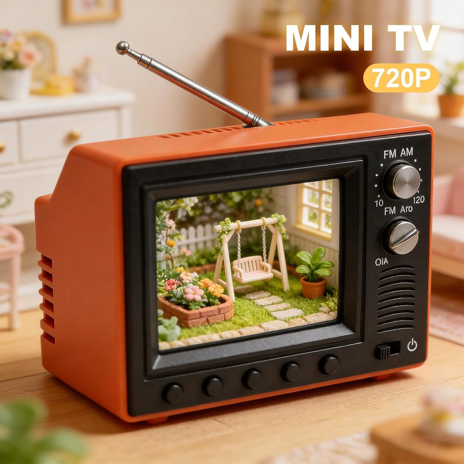 Tiny Retro Television, 2.4 Inch Mini TV for Dollhouse with USB and Battery(XX)