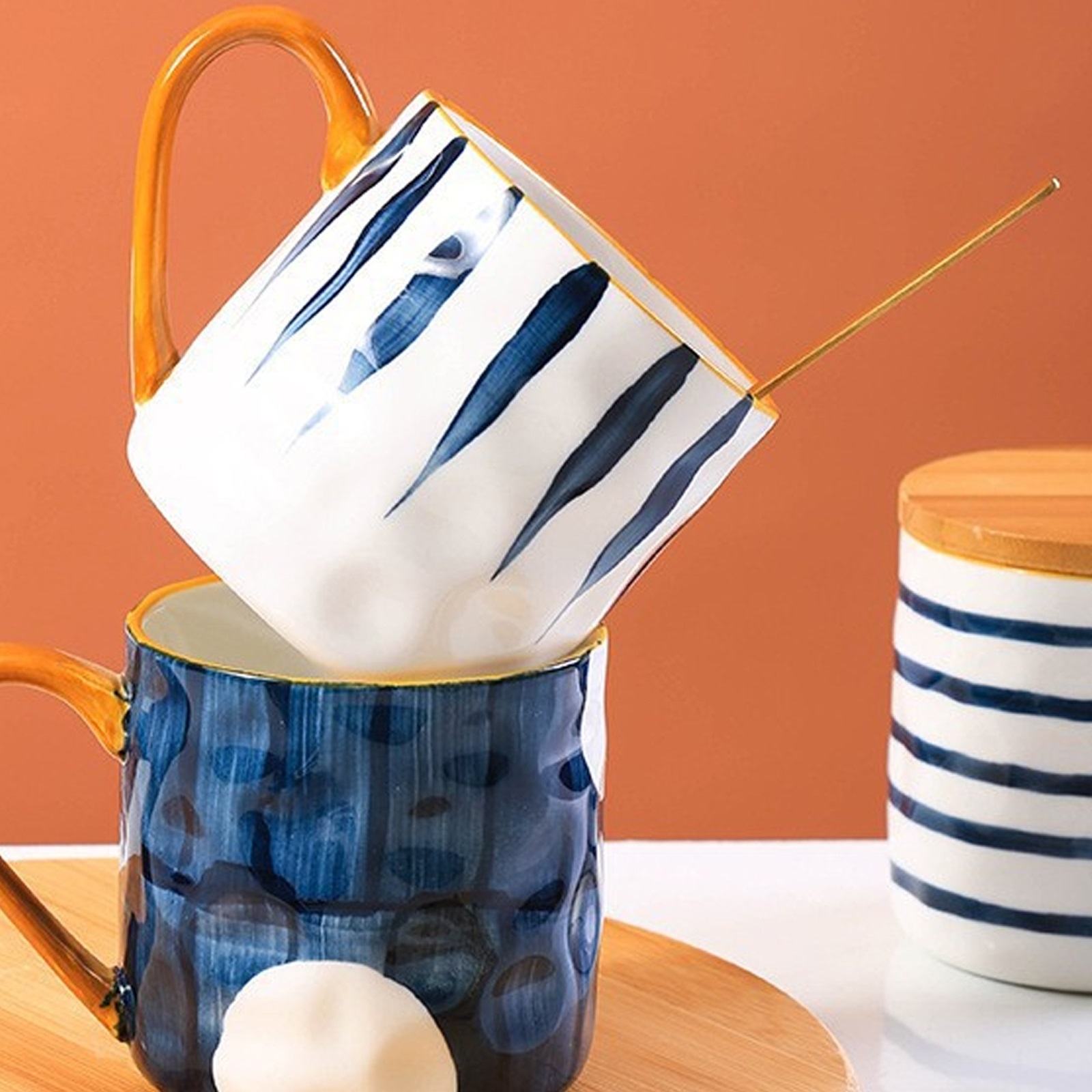 400ml Porcelain cup with handle, ceramic coffee cup, blue stripes coffee cup, ceramic cup with gold rim, espresso cups, for coffee, tea, milk, cappuccino