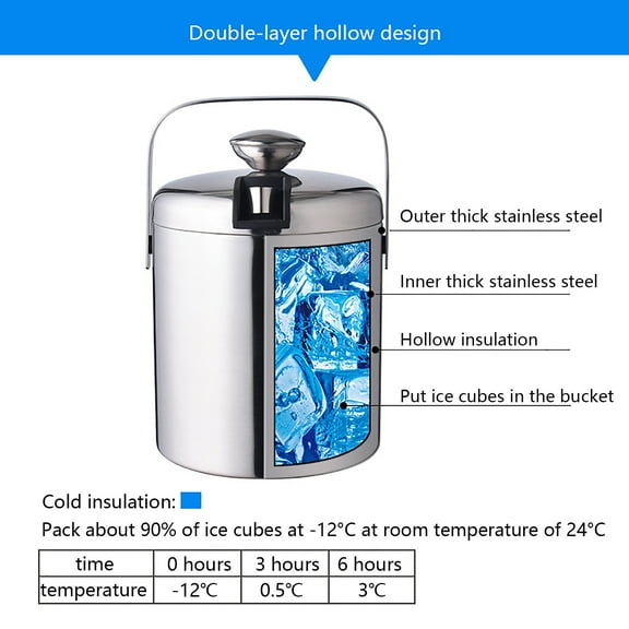 Toolven 304 Stainless Steel Ice Bucket, Cold-Keeping Double Layer Design with Lid and Handle, Space-Saving Ice Tong Holder, Ideal for Parties