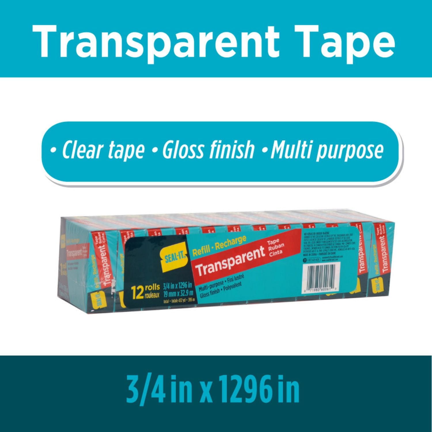 Seal-It Transparent Stationery Tape Refill Rolls 3/4 x 1296 Inches, Value Pack of 12, 15,552 Inches Total