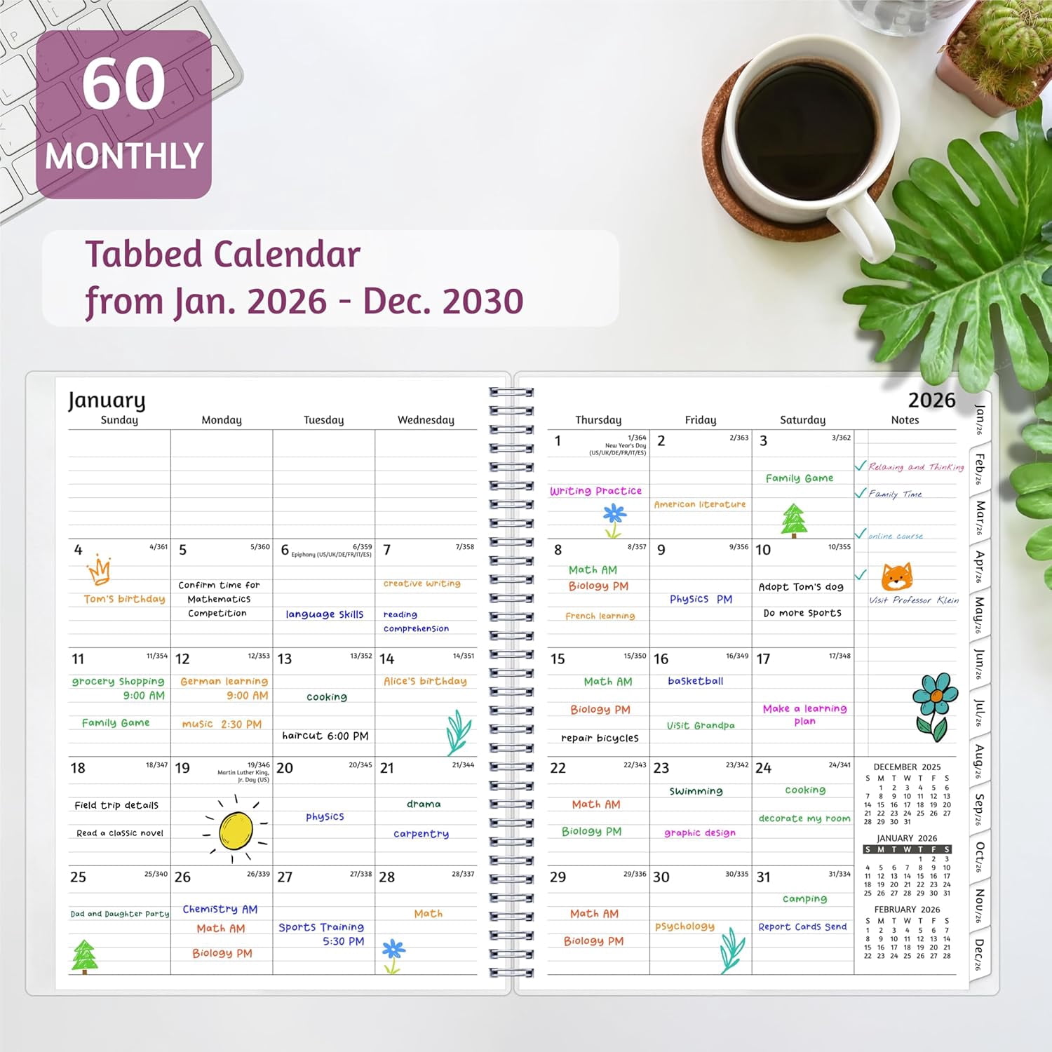Monthly Planner 2026-2030, 5-Year Calendar, Jan 2026-Dec 2030, 8.5 x 11 In, Ruled Spreads, Flexible Cover, Spiral Wirebound, Pocket, 60 Monthly Tabs, Watercolor