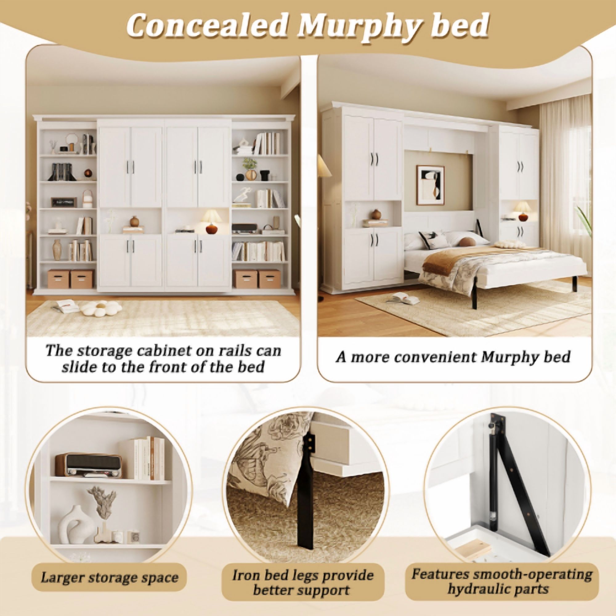 Full-Size Murphy Bed with 2 Sliding Cabinets and 12 Open Shelves, Hydraulic Hidden Wall Bed System, Space-Saving Design for Modern Homes, White