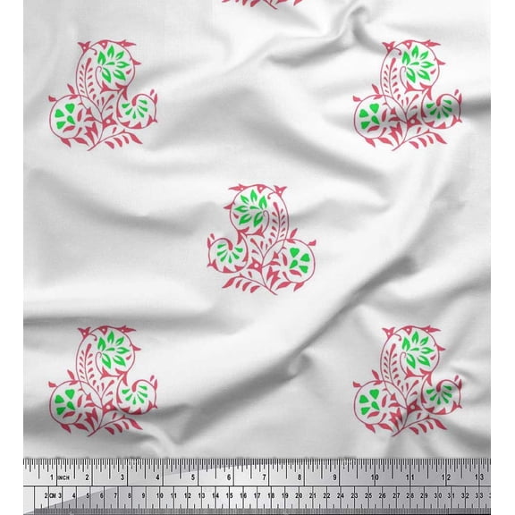 Soimoi Polyester Crepe Fabric Leaves & Floral Block Printed Fabric 1 Yard 42 Inch Wide