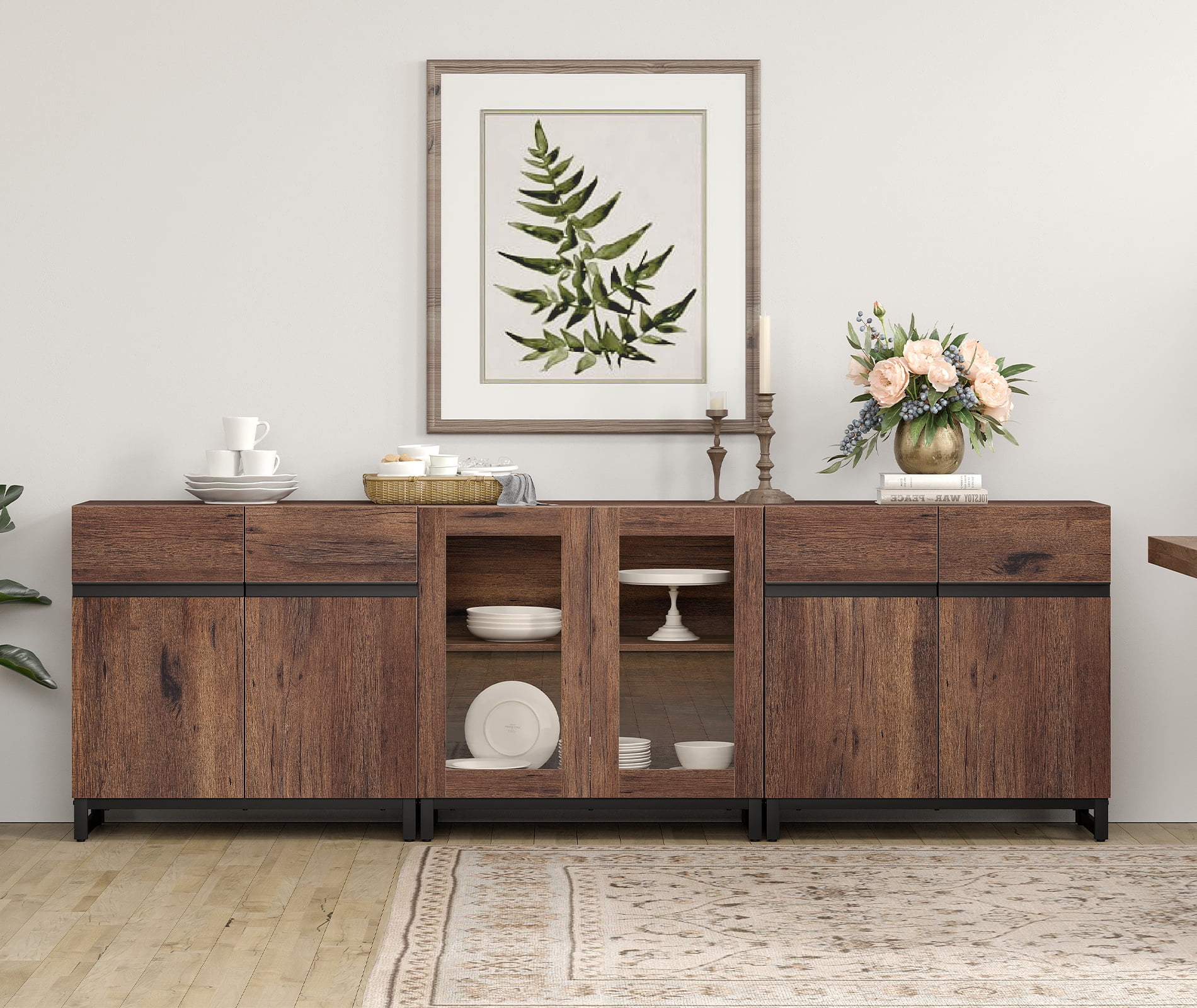 Modern Sideboard With Adjustable Shelves, 3 In 1 Storage Cabinet With Glass Doors, Coffee Bar Cabinet For Living Room, Kitchen,Brown