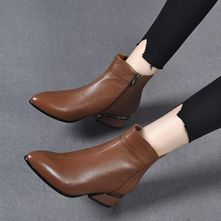 

ERTUTUYI Fashion Women Solid Color Autumn Thick Sole Square Heels Zipper Short Booties Plush Pointed Toe Shoes Brown 39