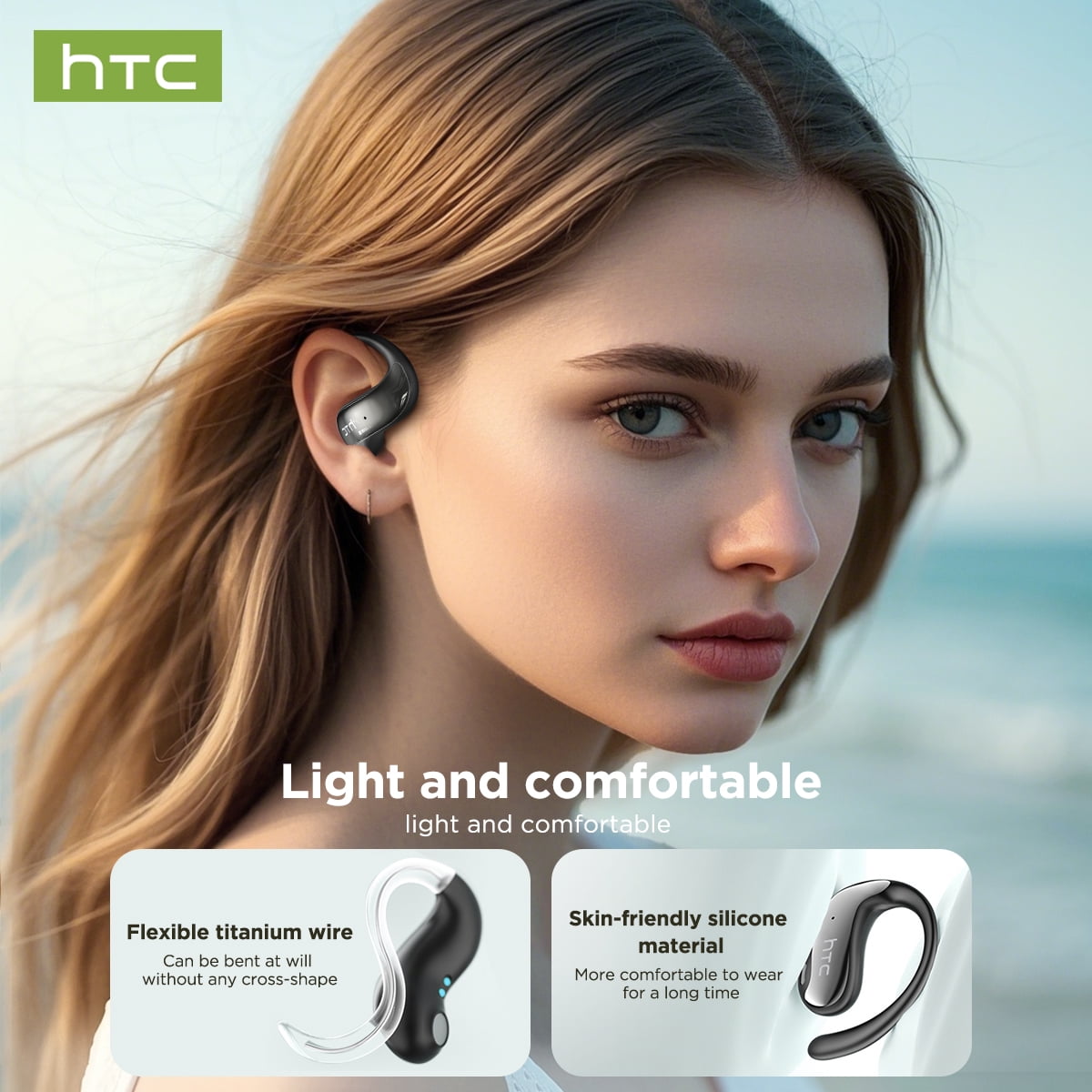 HTC NE19 Bluetooth Headphones Support 150 Language Translator Earbuds with LED Touchscree Open Ear Earbuds