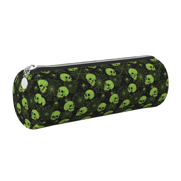 Disketp Skulls And Cobwebs Estuche Organizador de Lápices de Cuero, Estuche de Oficina con Cremallera para Bolígrafo y Lápiz