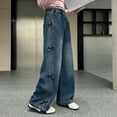 thumbnail image 5 of shqvo Wide Leg Jeans For Girls 5-14 Baggy Plain Bow Applique Denim Pants Loose Straight Leg Wide Leg Girls Jeans Casual Trousers Fall Clothes For Kids Teens, 5 of 8