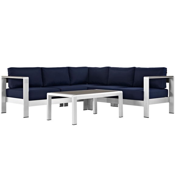 Modern Contemporary Urban Design Outdoor Patio Balcony Four PCS Sectional Sofa Set, Navy Blue, Aluminum
