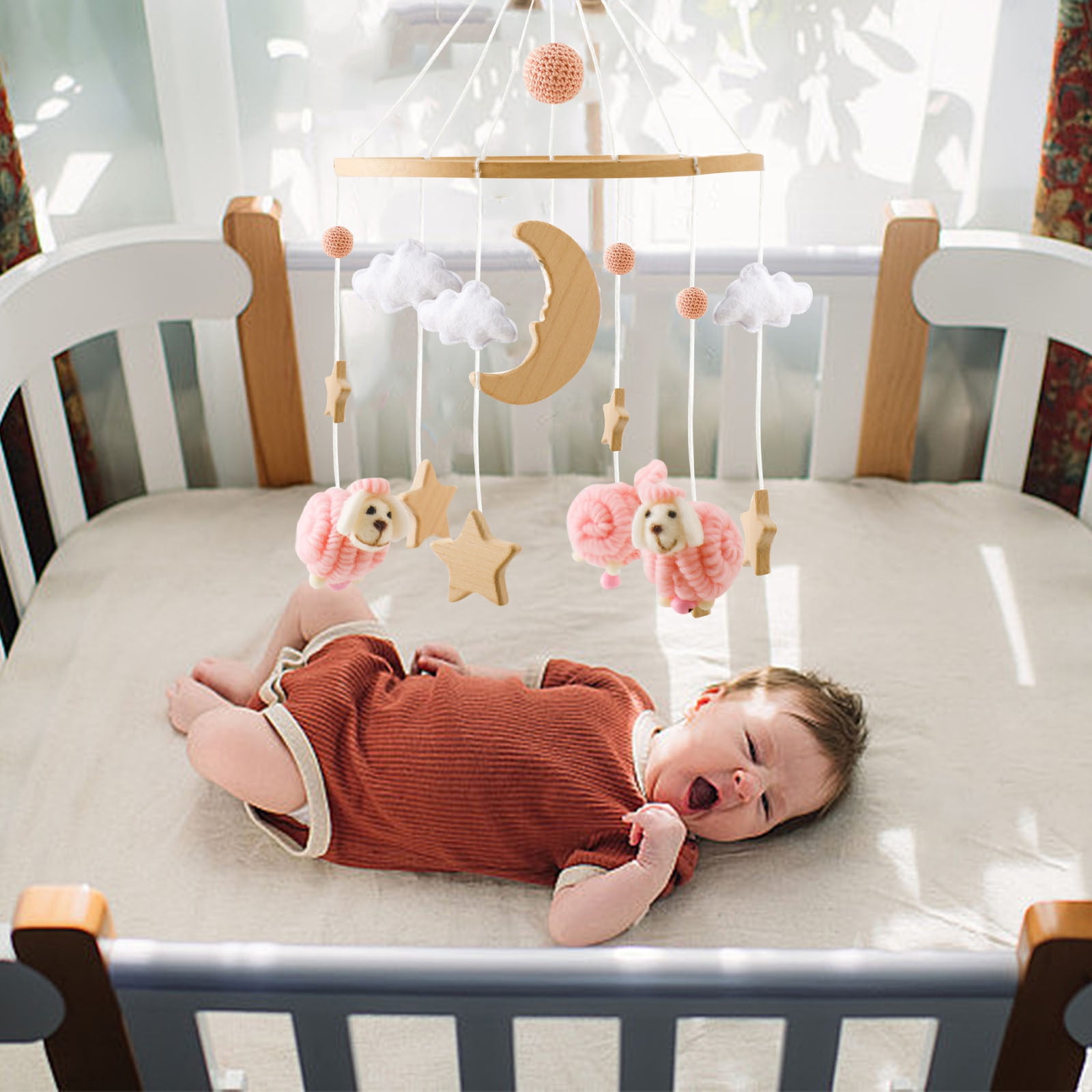 Staron Wooden Felt Baby Mobile, Hanging Crib Decoration for Newborns, Musical Wind Chime for Nursery