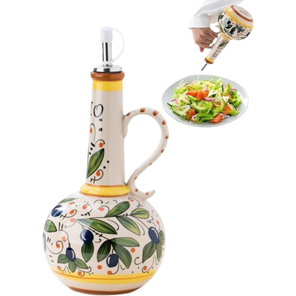 Hand Painted Ceramic Oil Dispenser | 23 Oz Olive Oil & Vinegar Cruet with Stainless Steel Spout | Kitchen Condiment Bottle for Cooking