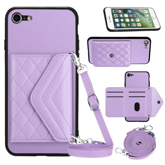 Envelope Design for iPhone 7 / 8 / SE 2020 / SE 2022 Case RFID Blocking Wallet Card Holder Leather PU Flip Cover Folio Lanyard Crossbody Strap Women Girl Magnetic Clasp Kickstand, Purple