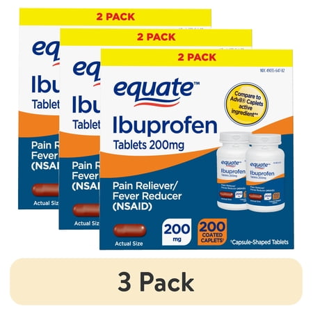 (3 pack) Equate Ibuprofen Tablets, 200 mg, Pain Reliever and Fever Reducer, 200 Count (2x100 Count), Compare to Advil® Caplets Active Ingredient
