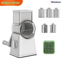 Rotary Cheese Grater with Handle - Vegetable Shredder with 5 Well-designed Blades & Strong Suction Base,Round Mandoline Slicer & Food Chopper for Kitchen,with Blade Storage Box(White)