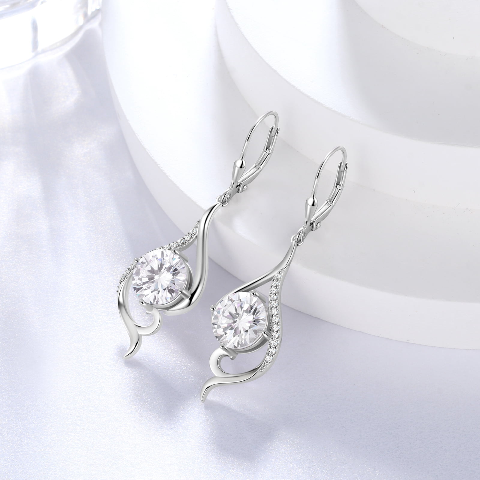 Juwaliy Women Dangle Earrings April Birthstone Earrings Sterling Silver Leverback Diamond Bridal Jewelry Mermaid Tail Wife Birthday Valentines Mother's Day Gift for Her