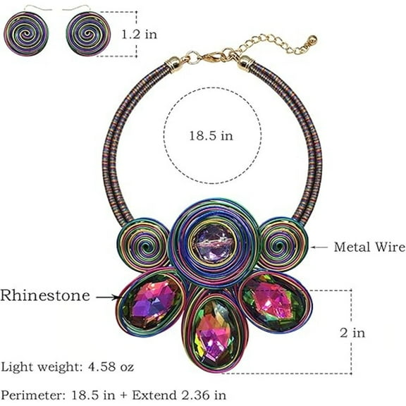 Chunky African Statement Necklace For Women Tribal Fashion Costume Jewelry Earring Sets Unique Colorful Big Rhinestone Crystal Pendent Collar Choker