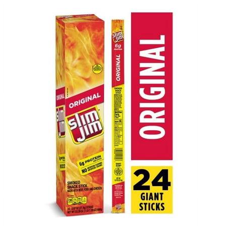 Slim Jim Original Giant Smoked Snack Stick Keto Friendly Smoked Meat Stick, 0.97 Oz, 24 Ct