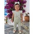 thumbnail image 3 of BemeyourBBs Newborn Baby Girl Spring Summer Fall Clothes Infant Baby Girl Waffled Romper One Piece Outfit Ruffled Flying Short Sleeve Front Bow Stripes Jumpsuit with Headband, 3 of 9