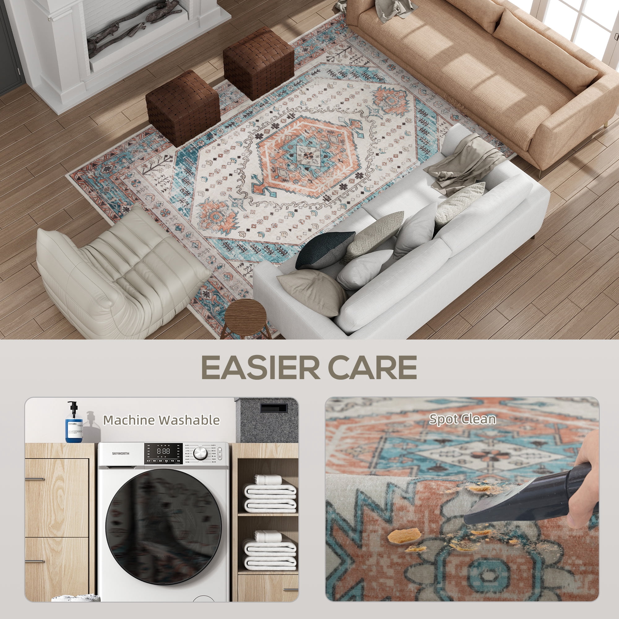 HOMCOM 5x7 Area Rug, Vintage Machine Washable Rug, Non-Slip Floor Carpet for Living Room, Bedroom, Dining Room, Home Office, Brown and Blue